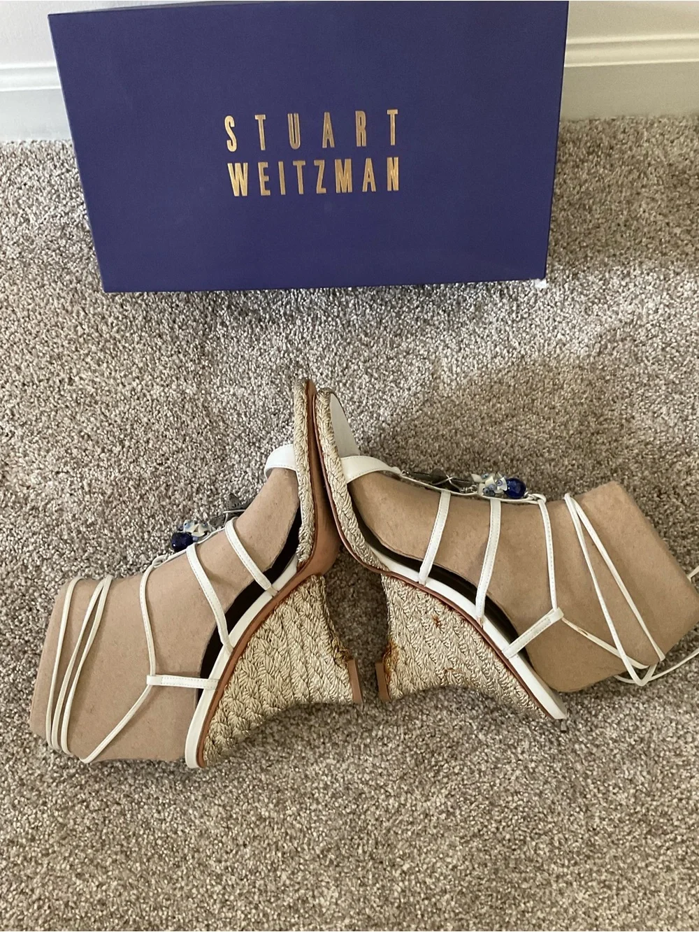 Stuart Weitzman White Strappy Espadrille Wedges with Blue Bead Accents - Picture 5 of 10